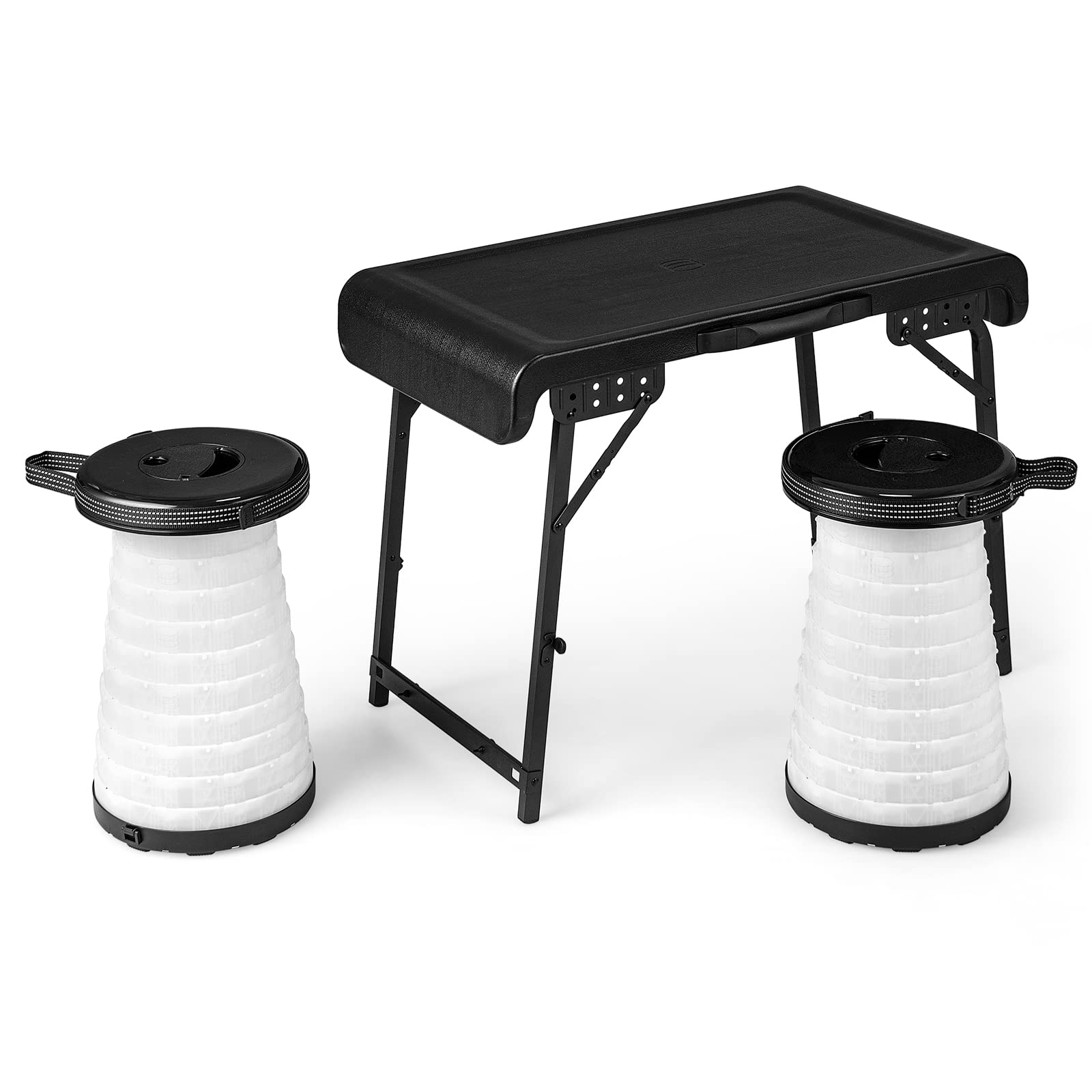 Ensemble table de camping Tangkula 3 pièces, table de camping pliante avec 2 tabourets LED pliables